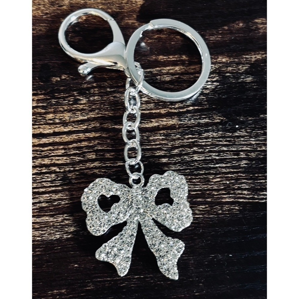 Silver Glitter Bow Keychain Heart Cutout Charm Lobster Clasp Key Ring